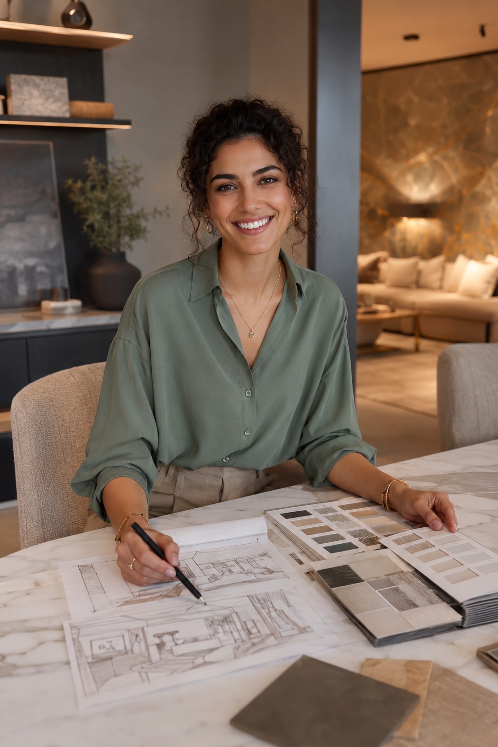 SpaceGlam designer selecting fabrics and warm neutral materials