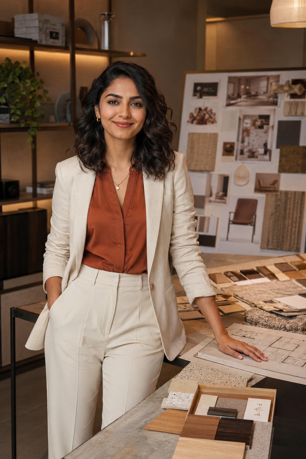 SpaceGlam designer reviewing floor plans and material samples in the studio