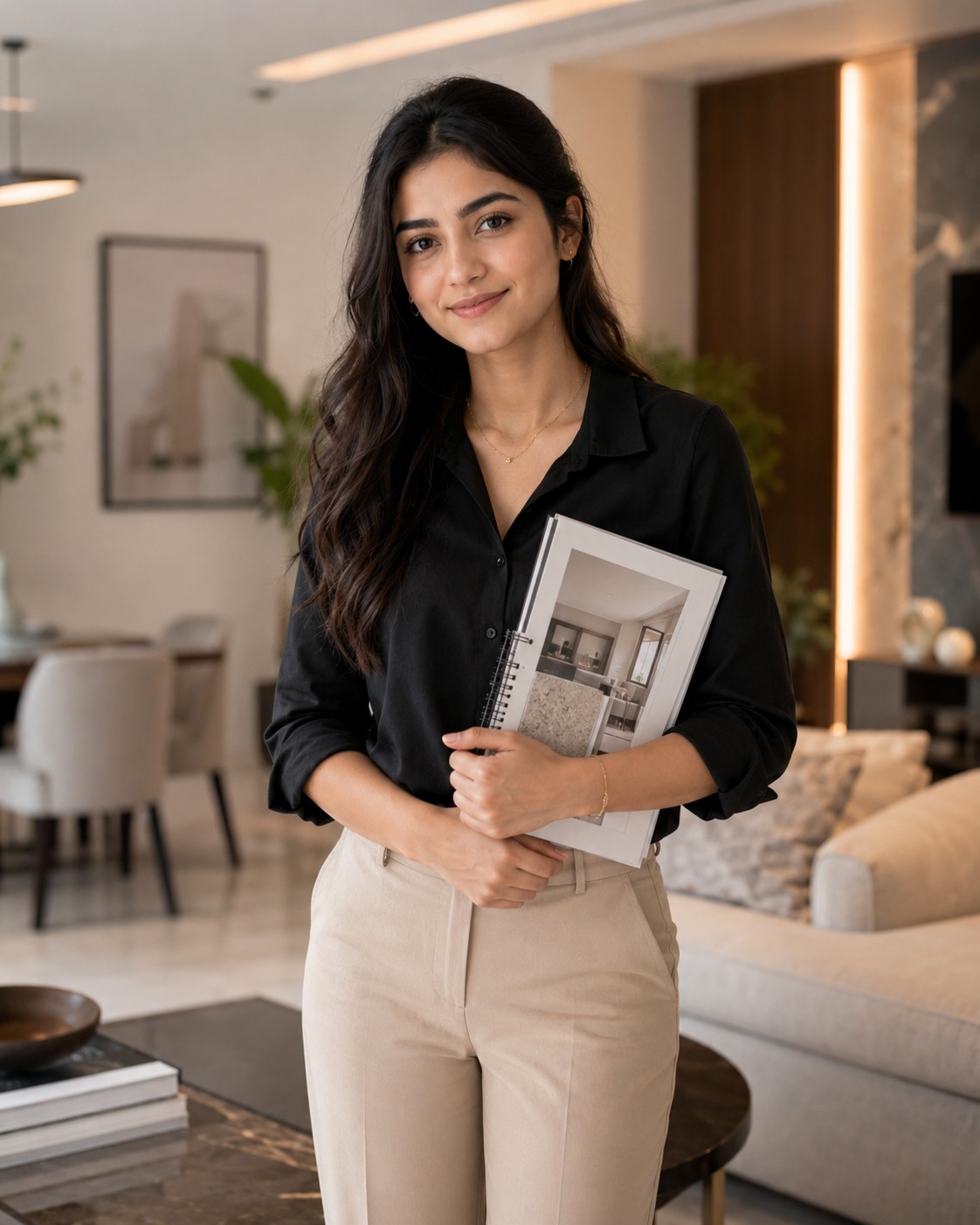 SpaceGlam designer holding a project booklet in a finished interior